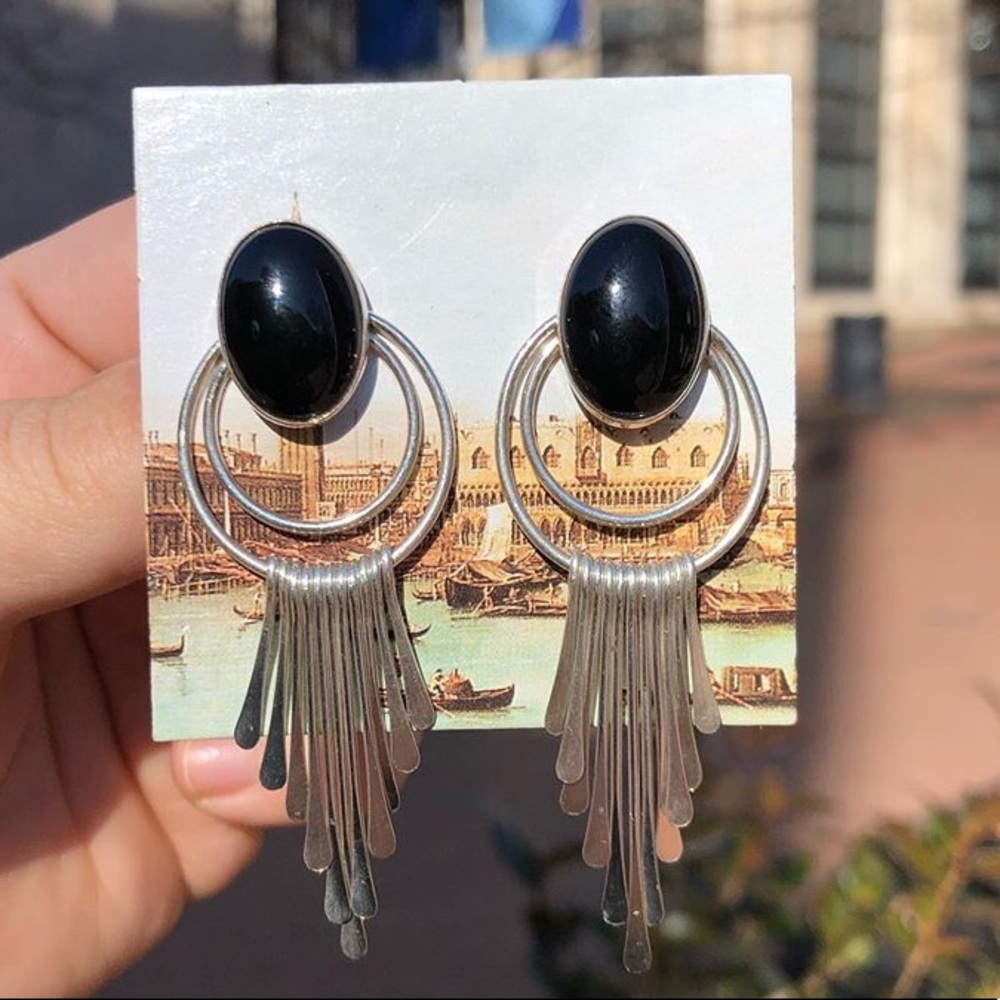 Vintage Onyx and Sterling Silver Earrings